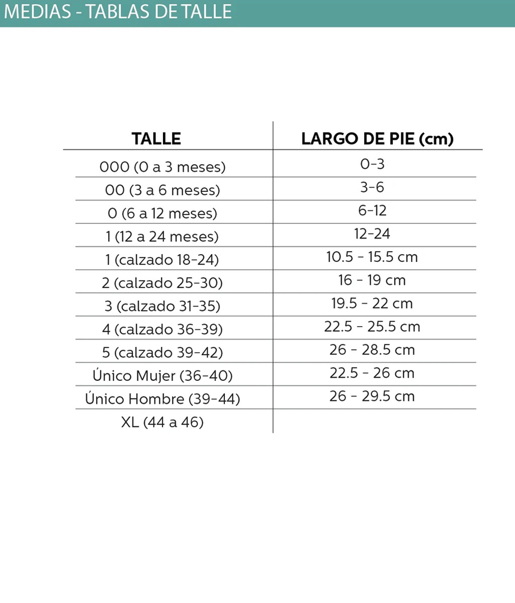 Media Deportiva Quarter Tabla de medidas