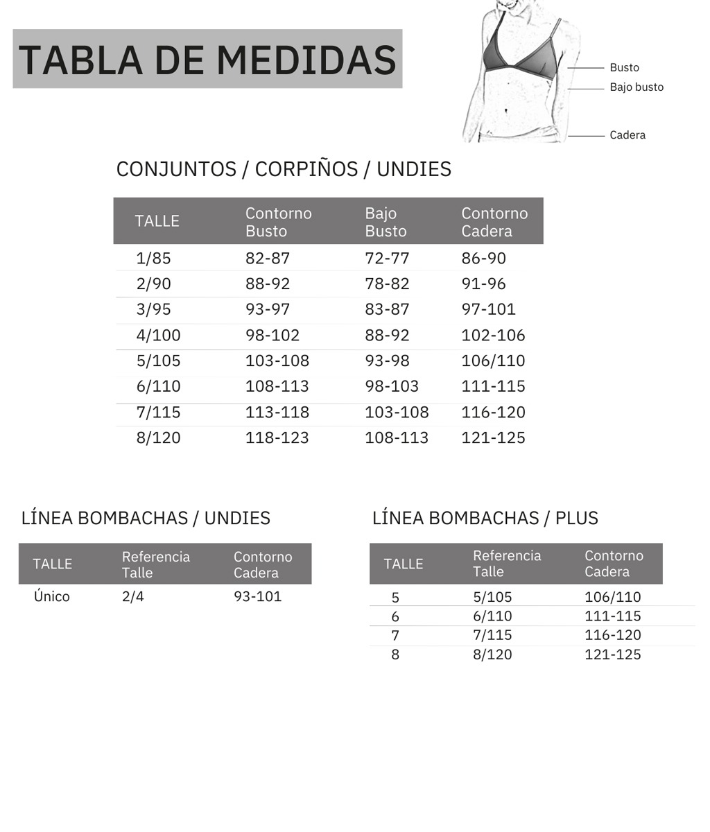 Conjunto Soft Push Up Puntilla Tabla de medidas